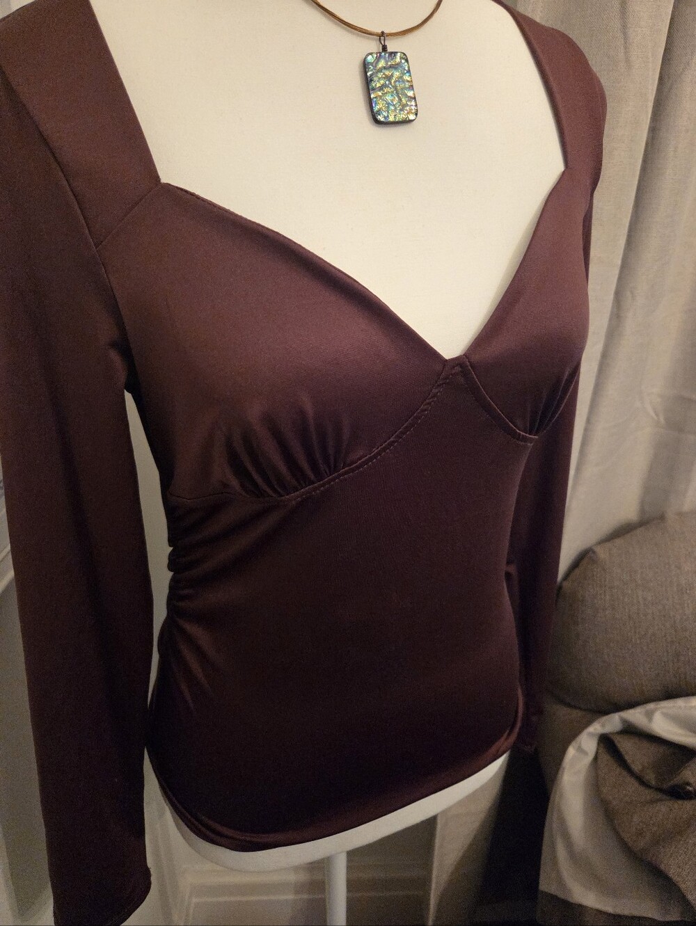 Y2K Gaze Ruched Sides Chocolate Brown Satin Top w/ Cups/ Sweetheart Neckline